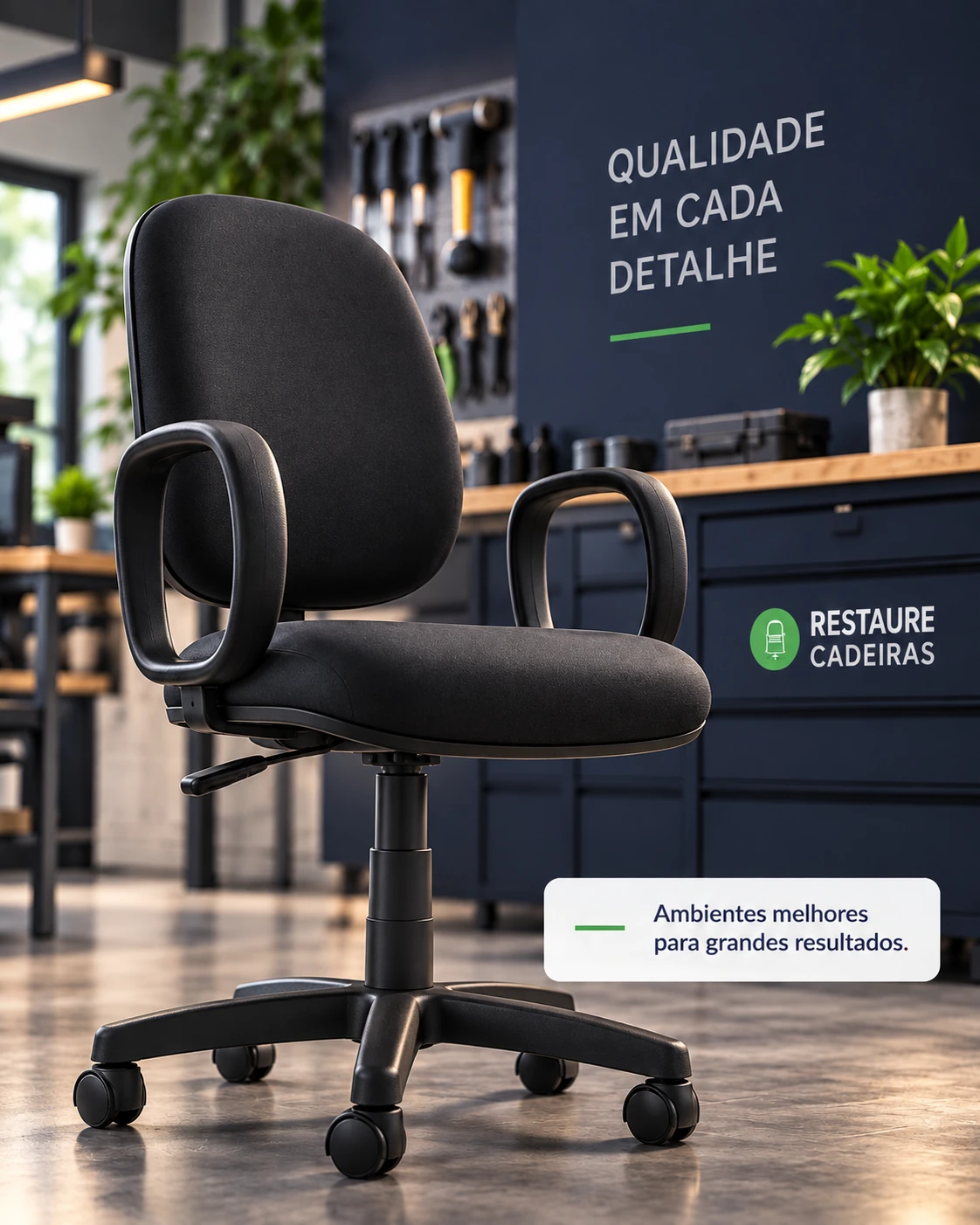 Cadeira corporativa em ambiente de oficina, com a mensagem Qualidade em cada detalhe e Ambientes melhores para grandes resultados.