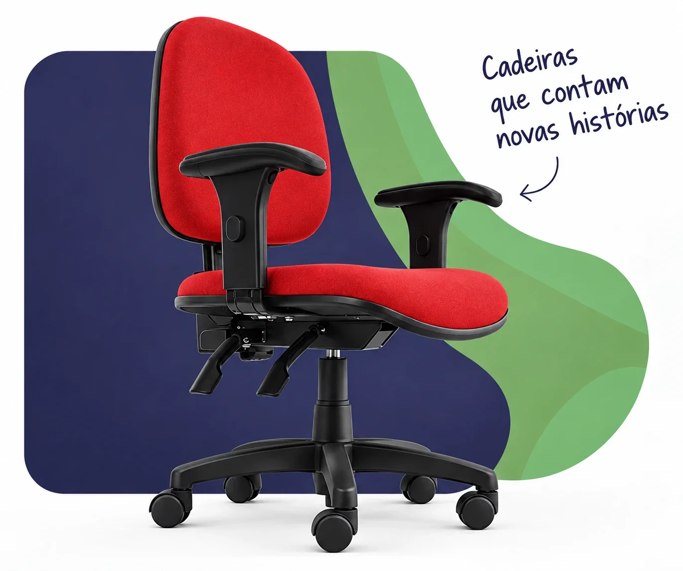 Cadeira corporativa vermelha com a mensagem: Cadeiras que contam novas histórias.