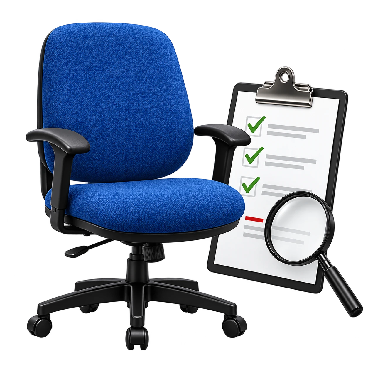 Cadeira azul e checklist nas cores do cliente para vistoria