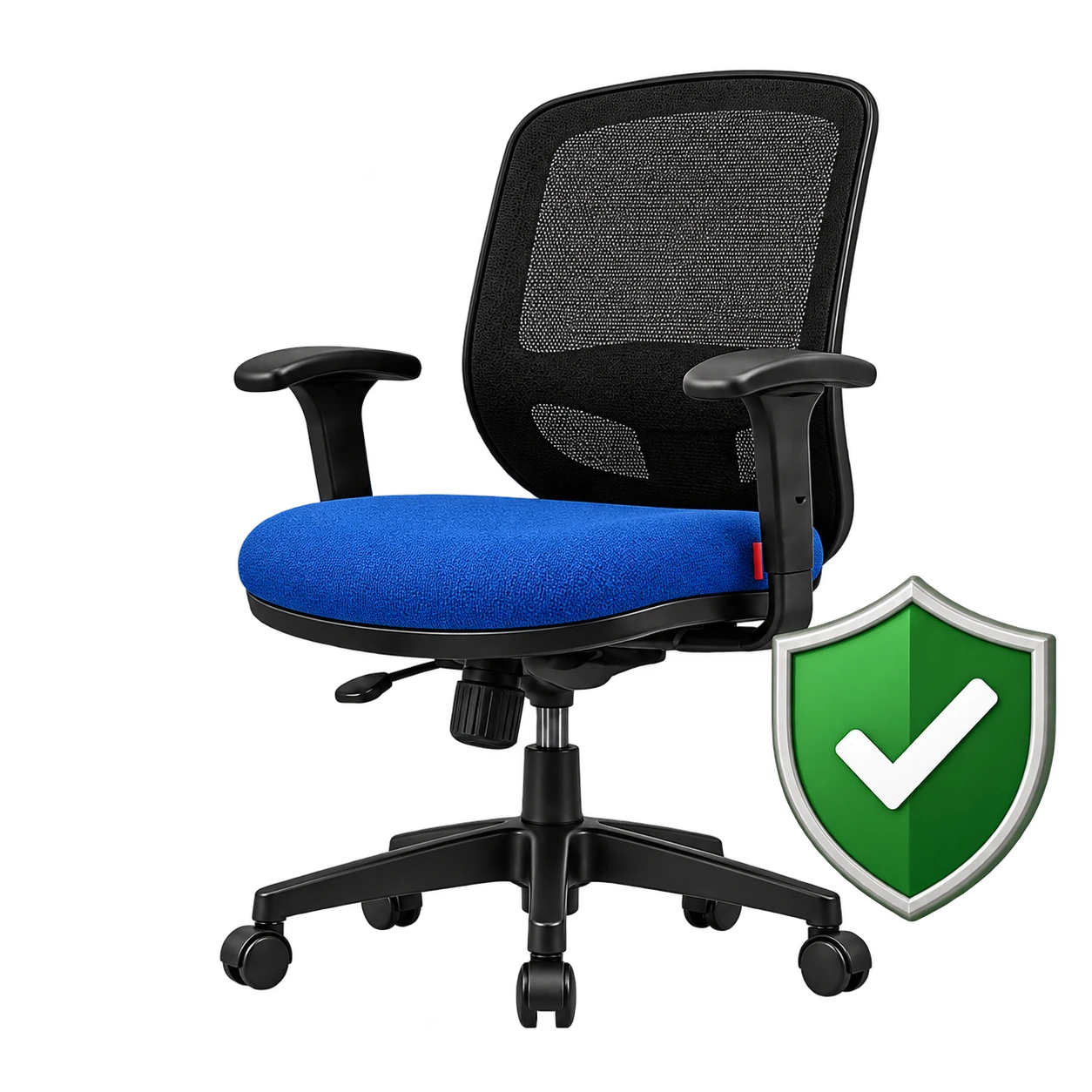 Cadeira com estofado azul e símbolo de proteção ampliado